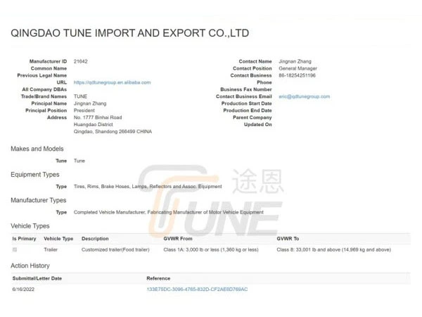 DOT certificate for off-road camper trailer